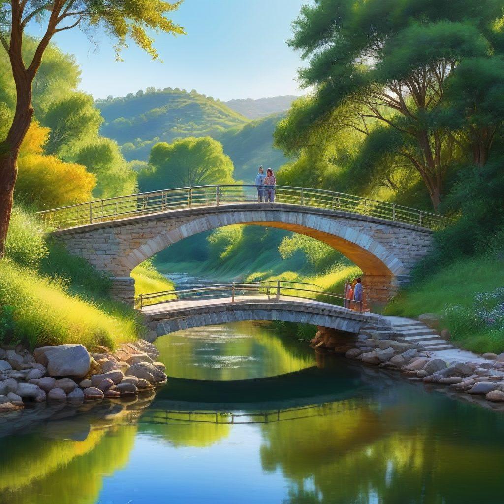 A serene landscape featuring a beautiful bridge connecting two lush green hills, symbolizing communication. On one side, a diverse group of people engaged in lively conversation, sharing ideas and smiles, while on the other side, a calm river reflects the blue sky. Soft sunlight filters through the trees, creating a warm, inviting atmosphere. Artistic watercolor style with vibrant colors.