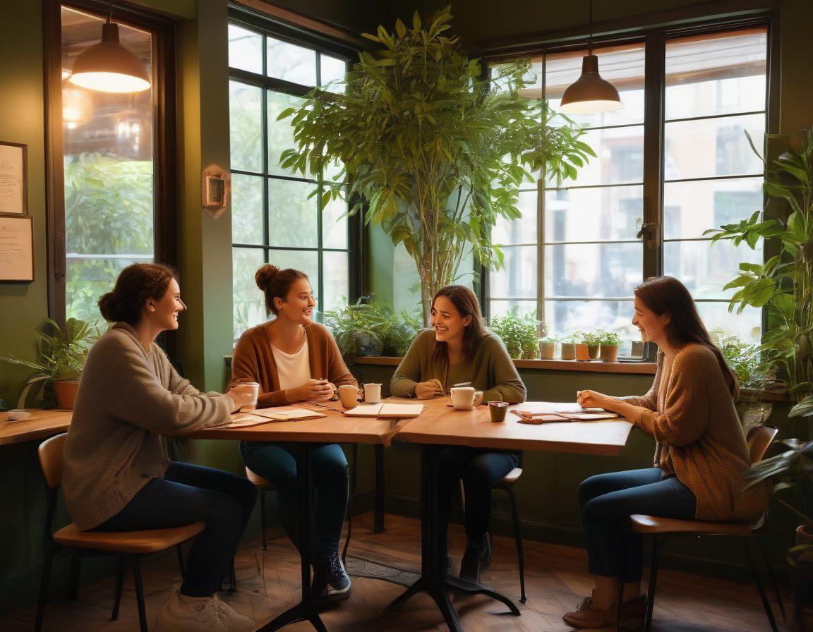A warm, inviting scene of diverse individuals engaged in heartfelt conversations at a cozy coffee shop, surrounded by plants and soft lighting, symbolizing connection and support. Include elements like open notebooks, steaming cups of coffee, and friendly gestures. The atmosphere should feel inclusive and human-centered, emphasizing genuine relationships. warm tones, super-realistic, vibrant colors.