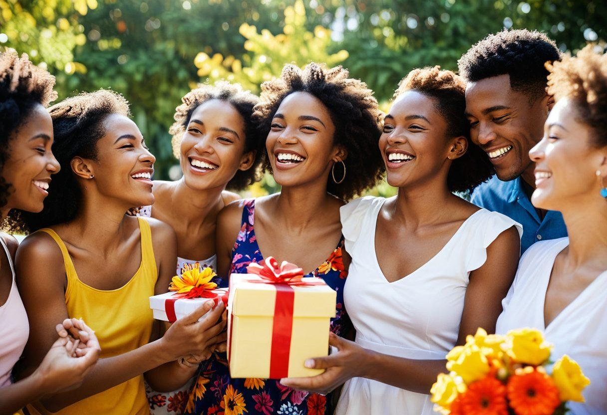 A close-up of diverse individuals engaging in joyful interactions at a sunlit outdoor gathering, with warm smiles and open body language, surrounded by colorful flowers and vibrant decorations. Include elements like exchanging gifts, hugging, and laughter to represent positive relationships. Bright, cheerful atmosphere with a natural backdrop. super-realistic. vibrant colors. natural light.